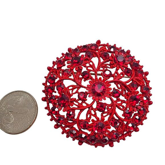 Large Round Red Rhinestone Brooch Enamel Floral Metal Pin Circle Cluster Dome - Picture 3 of 10